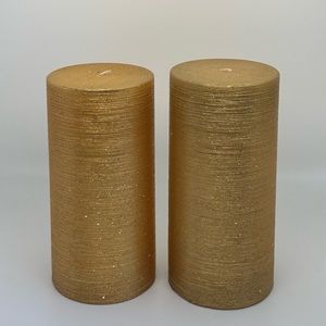 Set of 2 Crate & Barrel Gold Sparkle Glitter Pillar Candles